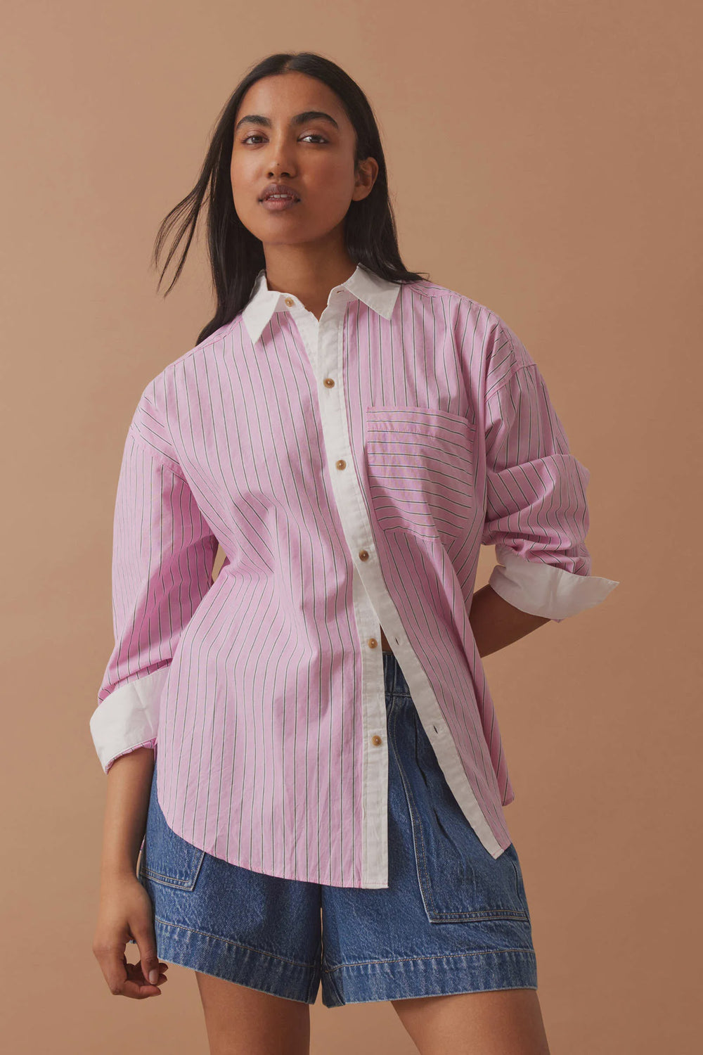 PETA OVERSIZED SHIRT- HIBISCUS PINK TRIPLE STRIPE WHITE COLLAR