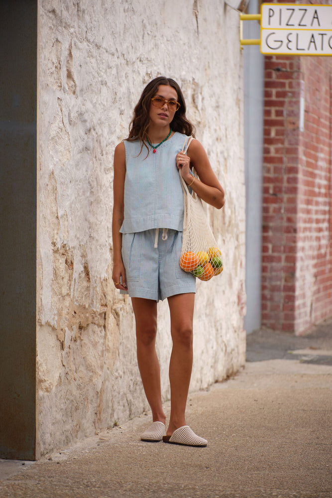 
                  
                    Darcy Relaxed Everyday Short- Indigo White Stripe
                  
                