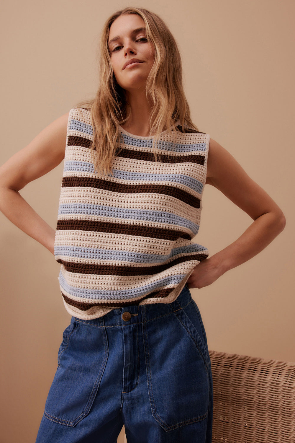 Margot Mesh Knit Tank- Ecru /Chalk Choc Stripe
