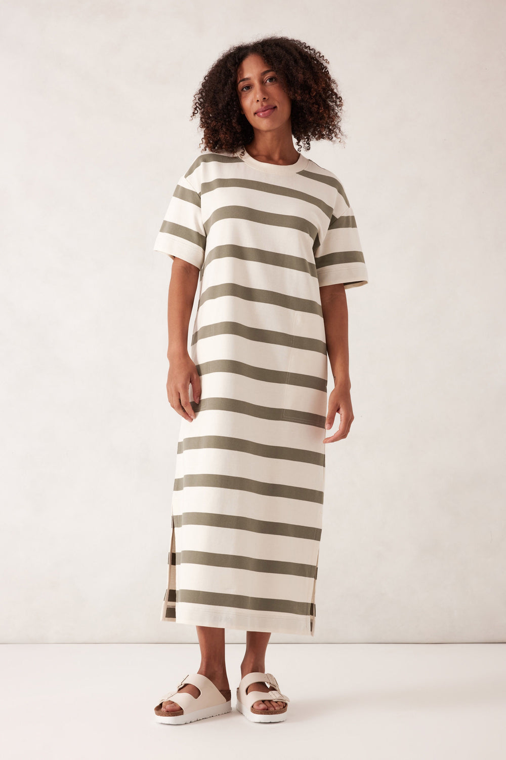 Charlotte Midi Terry Dress- White Moss Green Stripe