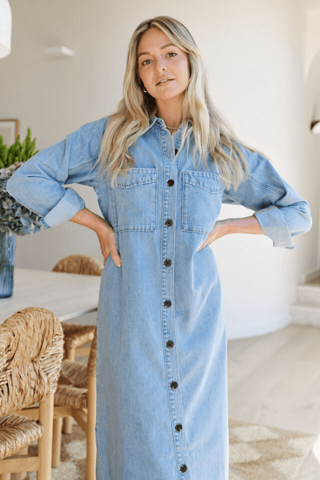LONG SLEEVE YOKE DETAIL MIDI DRESS/VINTAGE BLUE