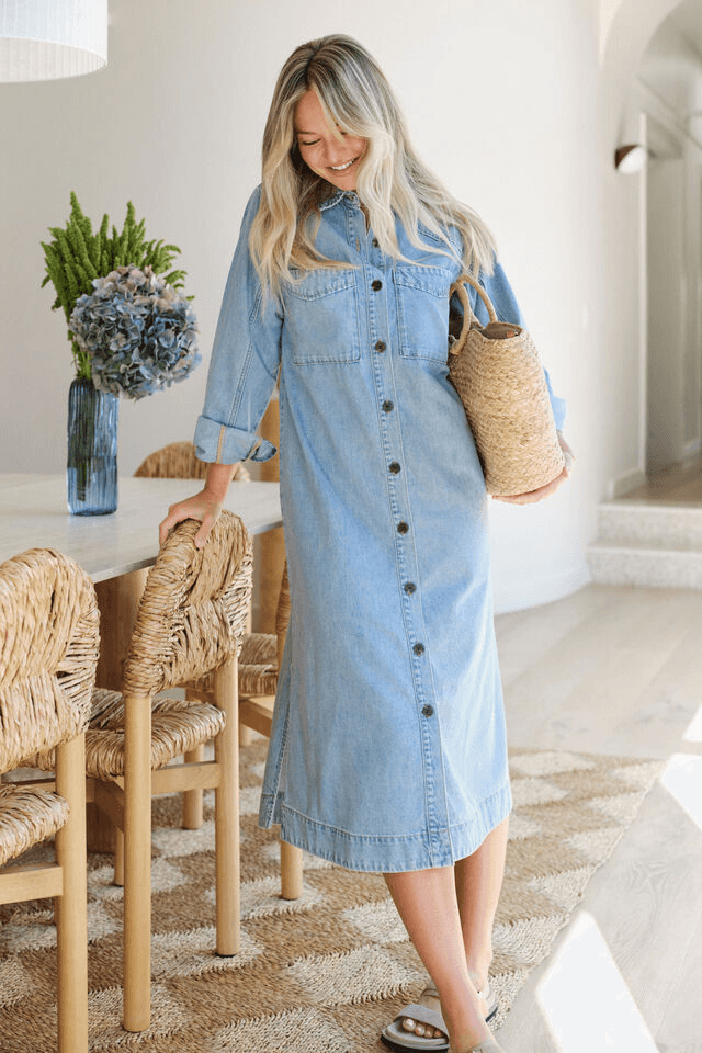 LONG SLEEVE YOKE DETAIL MIDI DRESS/VINTAGE BLUE